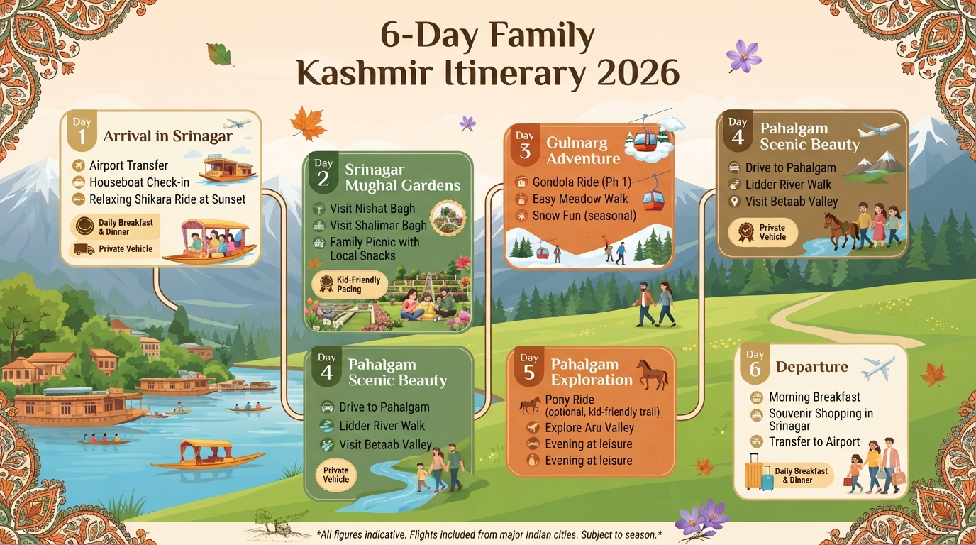 Kashmir Tour Packages for Family with Flight Price 2026 | ₹22K-₹1.9L 11 Kashmir tour packages for family with flight price from India - 6-day family itinerary infographic