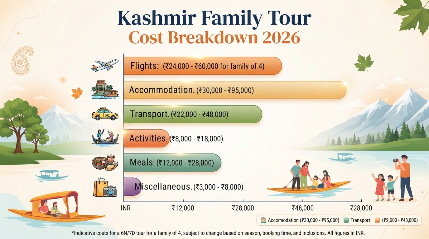Kashmir Tour Packages for Family with Flight Price 2026 | ₹22K-₹1.9L 10 Kashmir tour packages for family with flight price from India - family cost breakdown infographic
