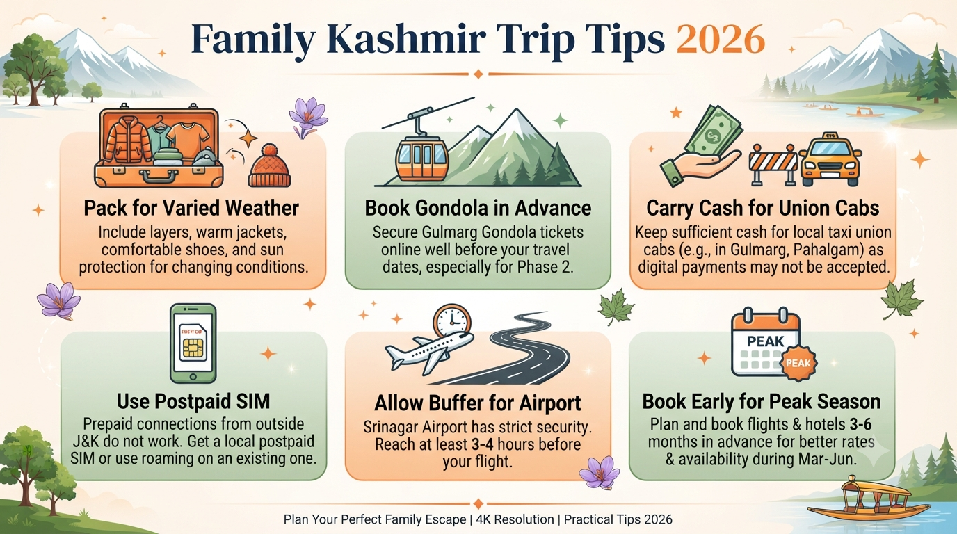 Kashmir Tour Packages for Family with Flight Price 2026 | ₹22K-₹1.9L 13 Kashmir tour packages for family with flight price from India - family travel tips infographic