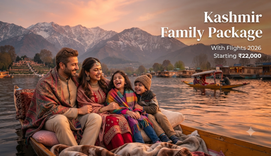 Kashmir tour packages for family with flight price from India - happy family on shikara Dal Lake with Nature Connect Travels