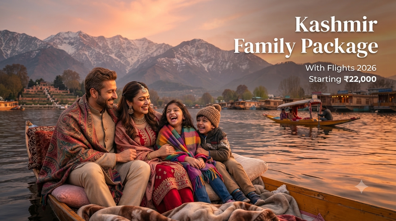 Kashmir tour packages for family with flight price from India - happy family on shikara Dal Lake with Nature Connect Travels