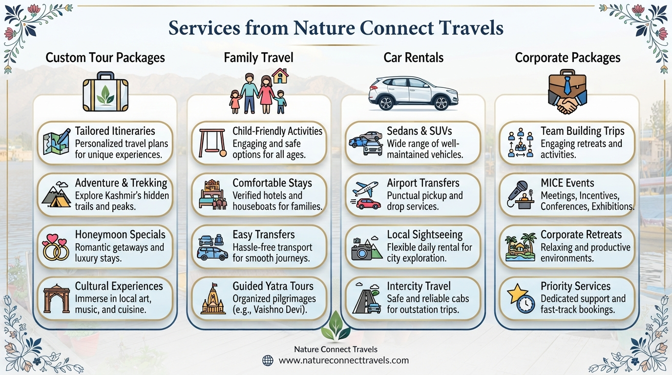 Kashmir travel agency contact number - services offered infographic