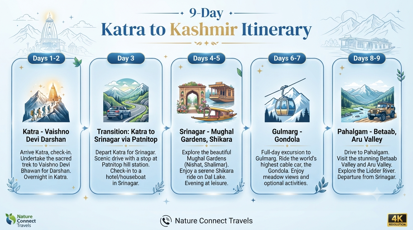 Katra to Kashmir Tour Package 2026 | ₹11,000+ | 5-9 Day Vaishno Devi Trips 8 Katra to Kashmir tour package - 9-day itinerary