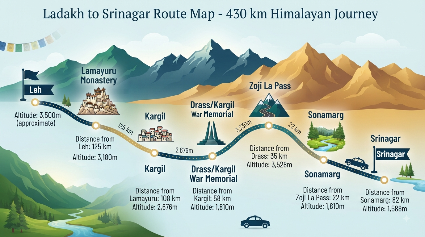 Ladakh to Srinagar Taxi Service 2026 | ₹7,500+ | SUV Trip 9 Ladakh to Srinagar taxi service - route map infographic showing key stops, distances, and altitudes