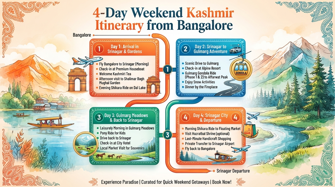 Last-Minute Weekend Kashmir Packages from Bangalore 2026 | ₹22K 9 Last-minute weekend Kashmir packages from Bangalore - 4-day quick weekend itinerary infographic