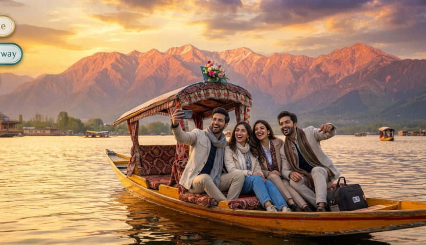 Last-minute weekend Kashmir packages from Bangalore - friends enjoying shikara ride on Dal Lake with Nature Connect Travels