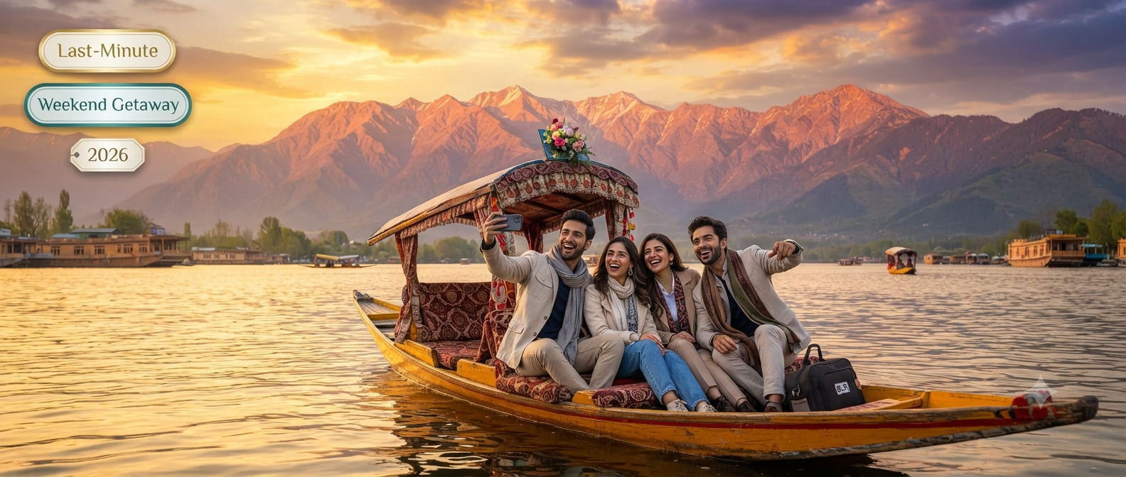 Last-minute weekend Kashmir packages from Bangalore - friends enjoying shikara ride on Dal Lake with Nature Connect Travels