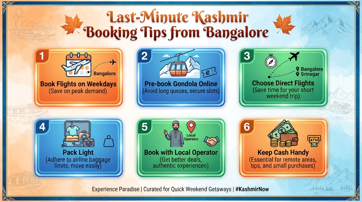 Last-Minute Weekend Kashmir Packages from Bangalore 2026 | ₹22K 10 Last-minute weekend Kashmir packages from Bangalore - last-minute booking tips infographic