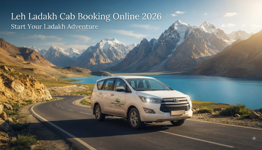 Leh Ladakh cab booking online - SUV driving through the dramatic Himalayan landscape of Ladakh with Nature Connect Travels