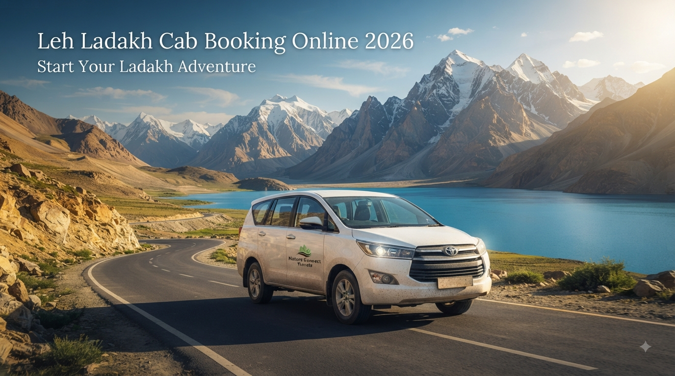Leh Ladakh cab booking online - SUV driving through the dramatic Himalayan landscape of Ladakh with Nature Connect Travels