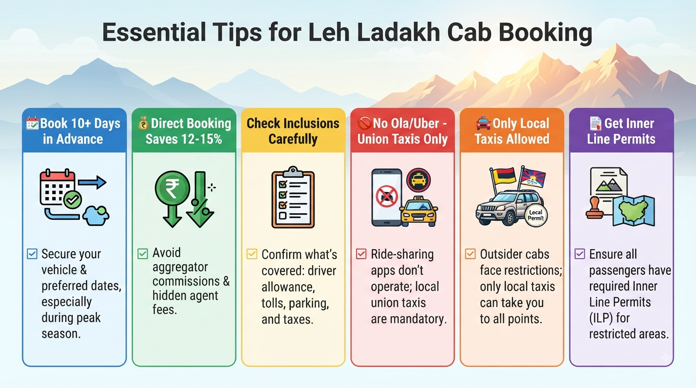 Leh Ladakh Cab Booking Online 2026 | ₹3,000+ | SUV Taxi & Tours 11 Leh Ladakh cab booking online - essential tips infographic for booking and safety