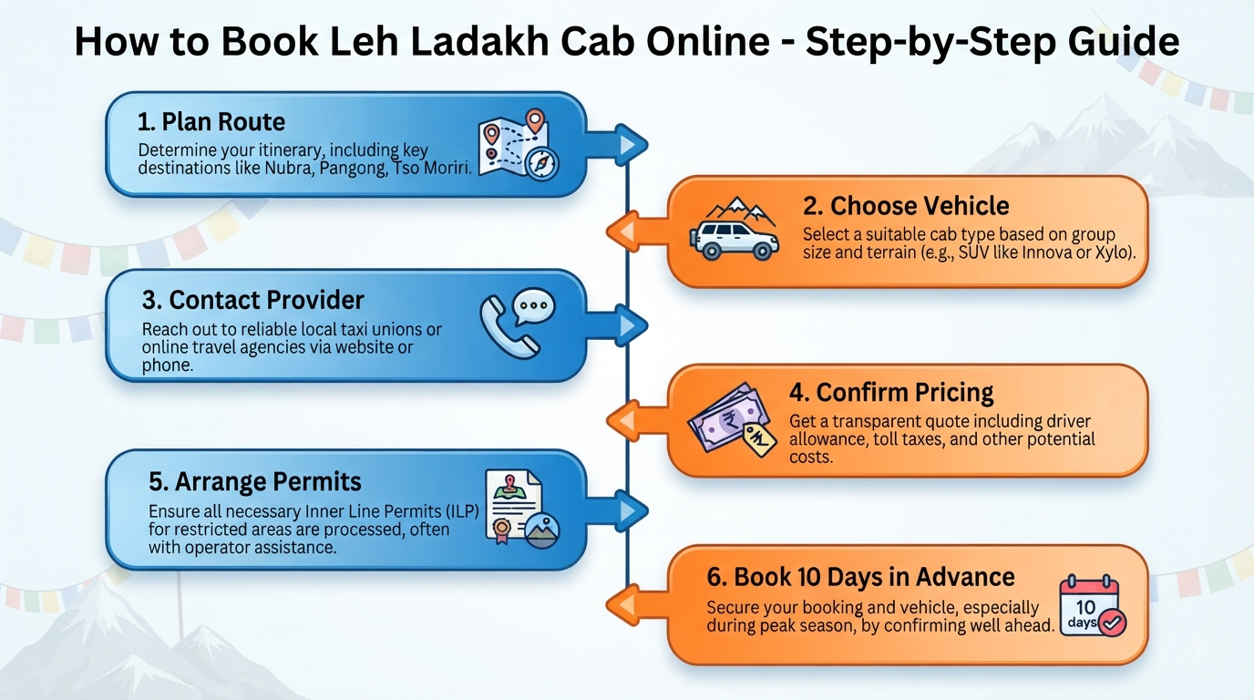 Leh Ladakh Cab Booking Online 2026 | ₹3,000+ | SUV Taxi & Tours 10 Leh Ladakh cab booking online - step-by-step booking guide infographic