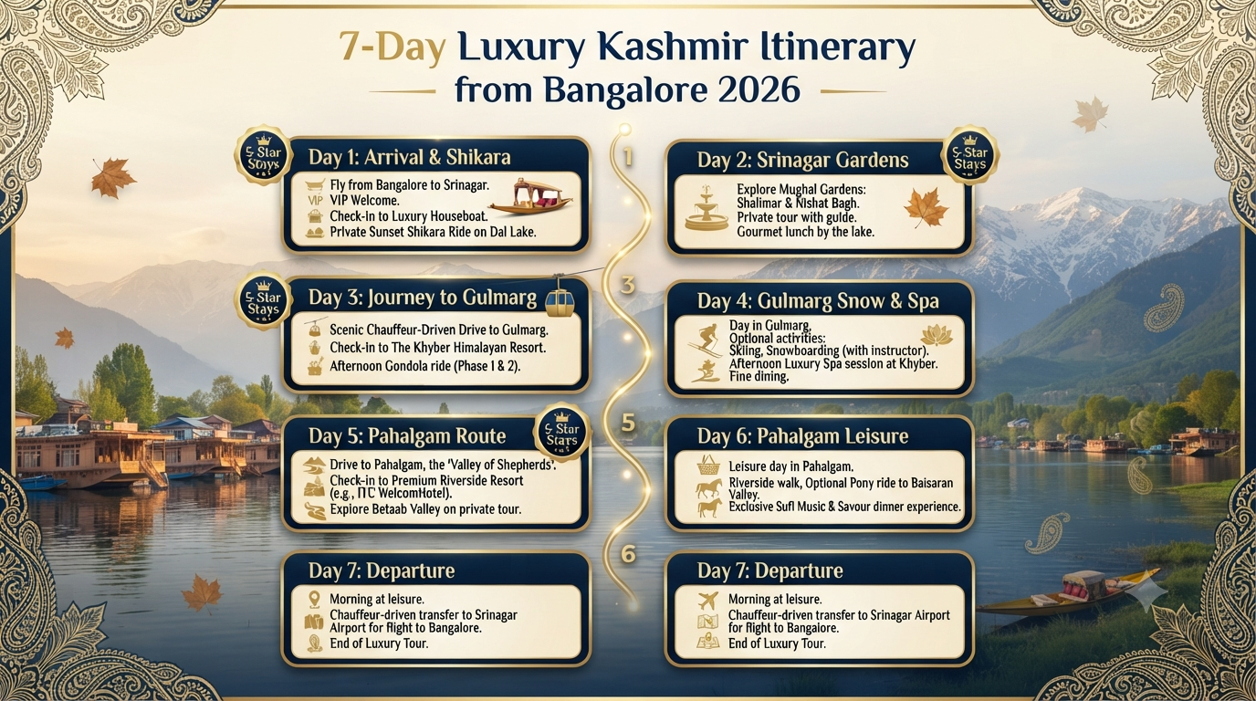 Luxury Kashmir Tour Packages from Bangalore 2026 | ₹70K-₹4L+ 14 Luxury Kashmir tour packages from Bangalore - 7-day luxury itinerary infographic