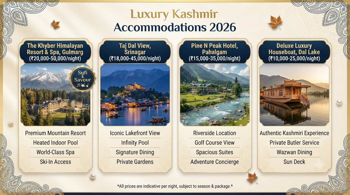 Luxury Kashmir Tour Packages from Bangalore 2026 | ₹70K-₹4L+ 13 Luxury Kashmir tour packages from Bangalore - luxury accommodations infographic Khyber Taj Dal View Pine N Peak houseboat