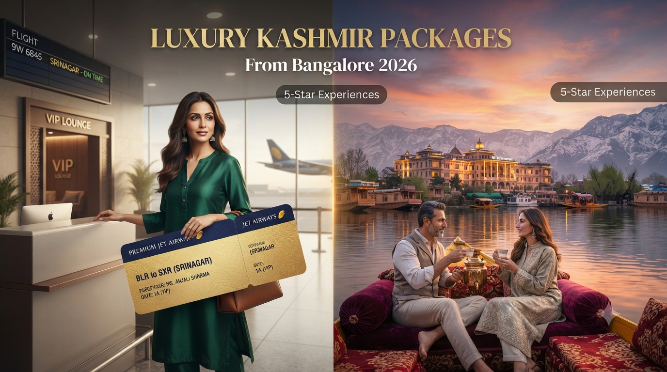 Luxury Kashmir tour packages from Bangalore - premium journey from Kempegowda Airport to private shikara on Dal Lake Nature Connect Travels