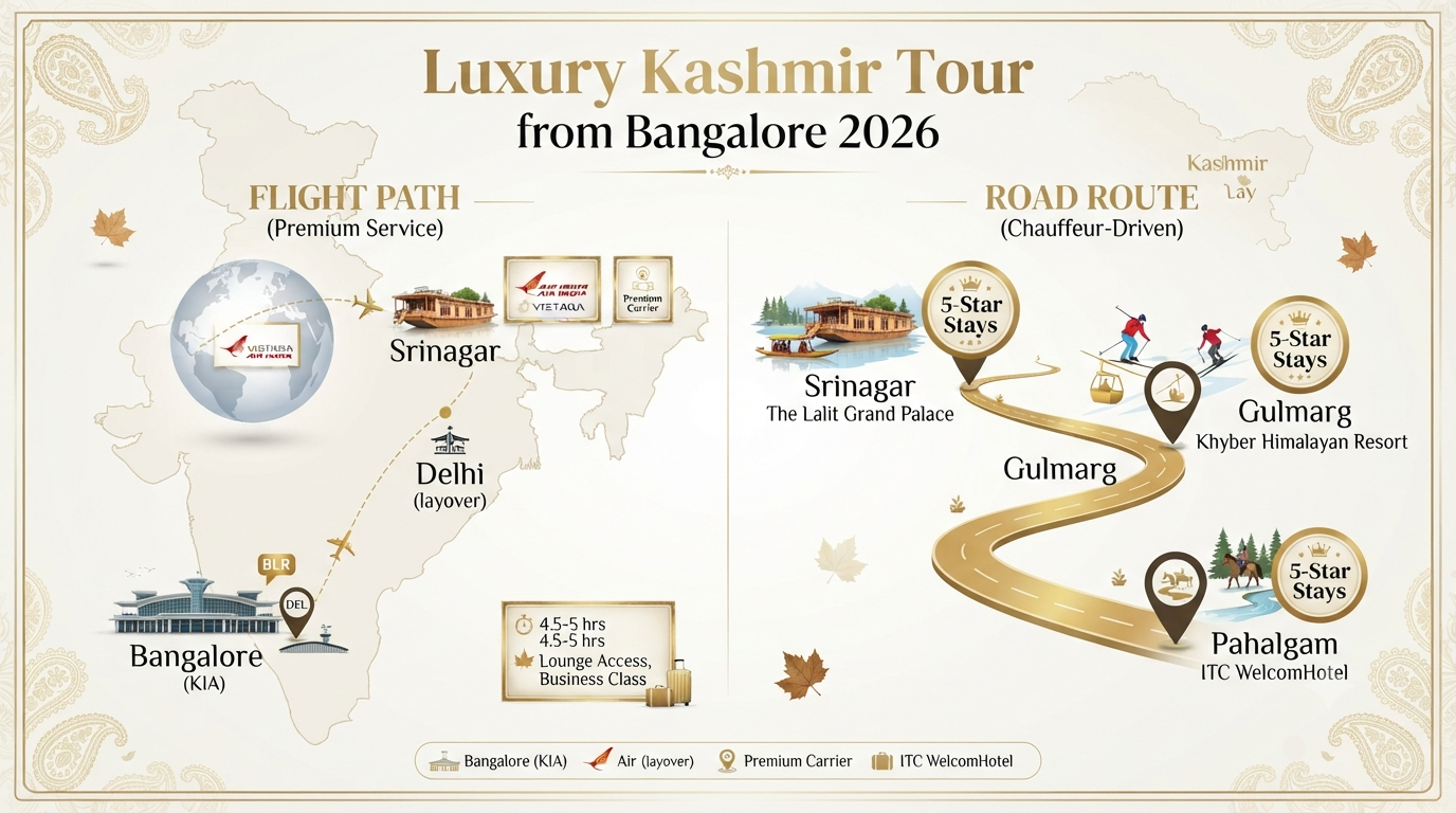 Luxury Kashmir Tour Packages from Bangalore 2026 | ₹70K-₹4L+ 11 Luxury Kashmir tour packages from Bangalore - premium tour overview infographic