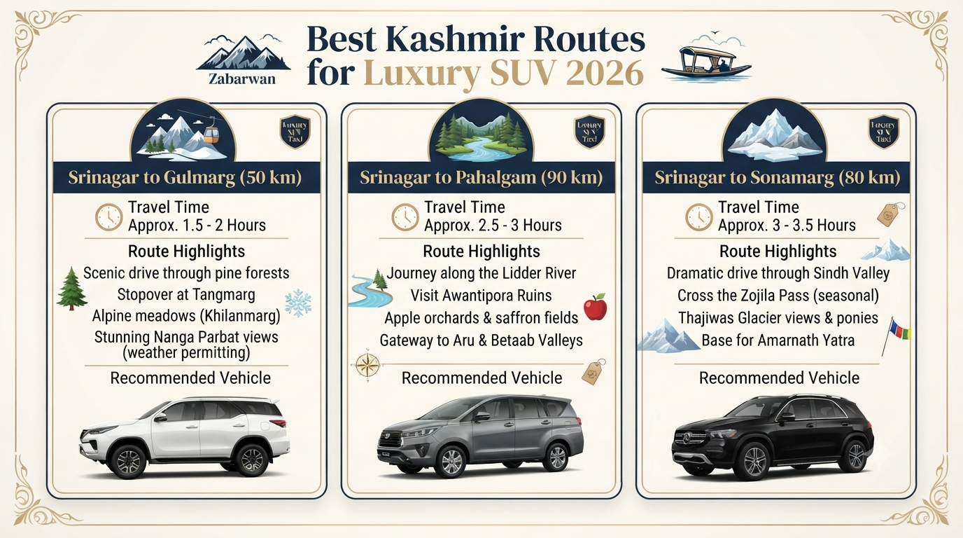 Luxury SUV taxi for Kashmir trip - best routes infographic Gulmarg Pahalgam Sonamarg