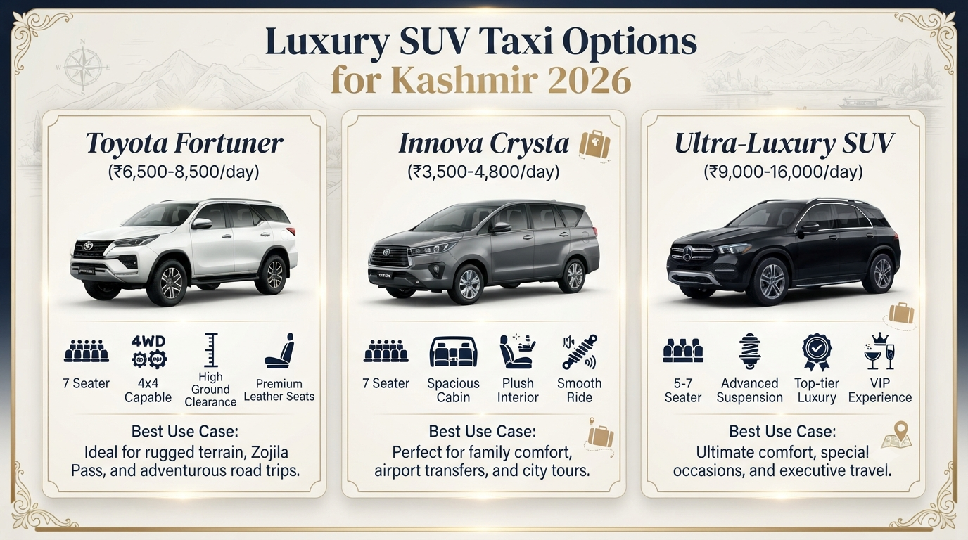 Luxury SUV taxi for Kashmir trip - luxury SUV options infographic Fortuner Innova Crysta ultra-luxury