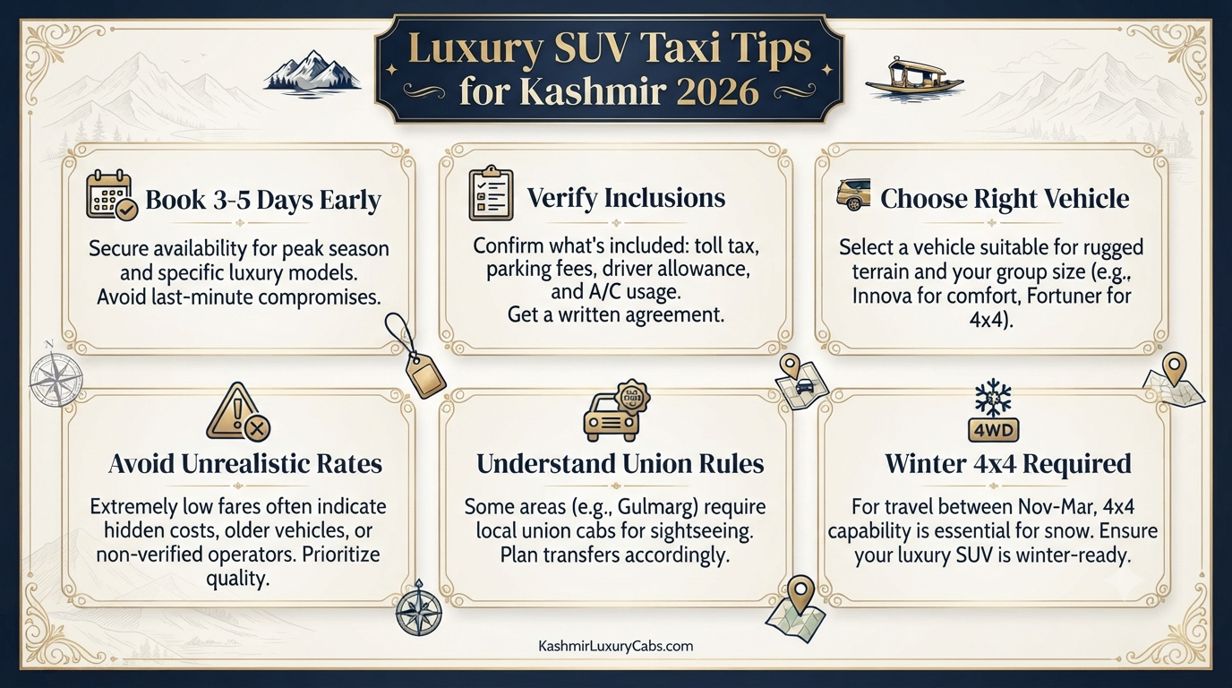 Luxury SUV taxi for Kashmir trip - luxury travel tips infographic