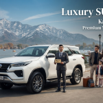 Luxury SUV taxi for Kashmir trip - premium Fortuner at scenic Dal Lake viewpoint with chauffeur Nature Connect Travels
