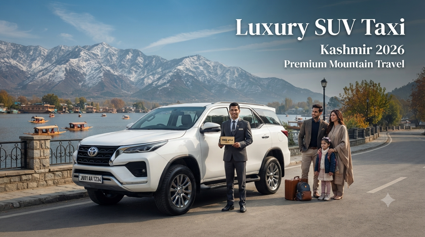 Luxury SUV taxi for Kashmir trip - premium Fortuner at scenic Dal Lake viewpoint with chauffeur Nature Connect Travels