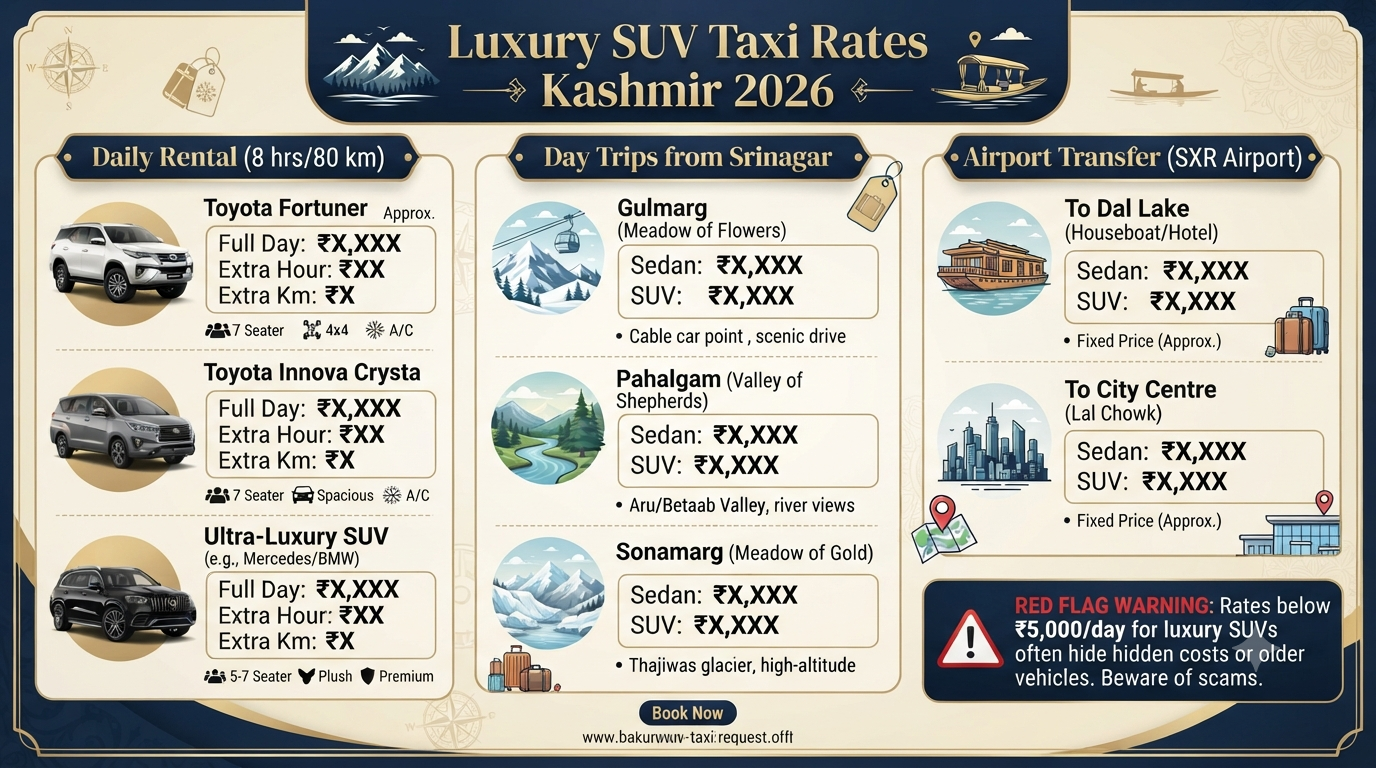Luxury SUV taxi for Kashmir trip - pricing comparison infographic daily rental day trips airport transfer