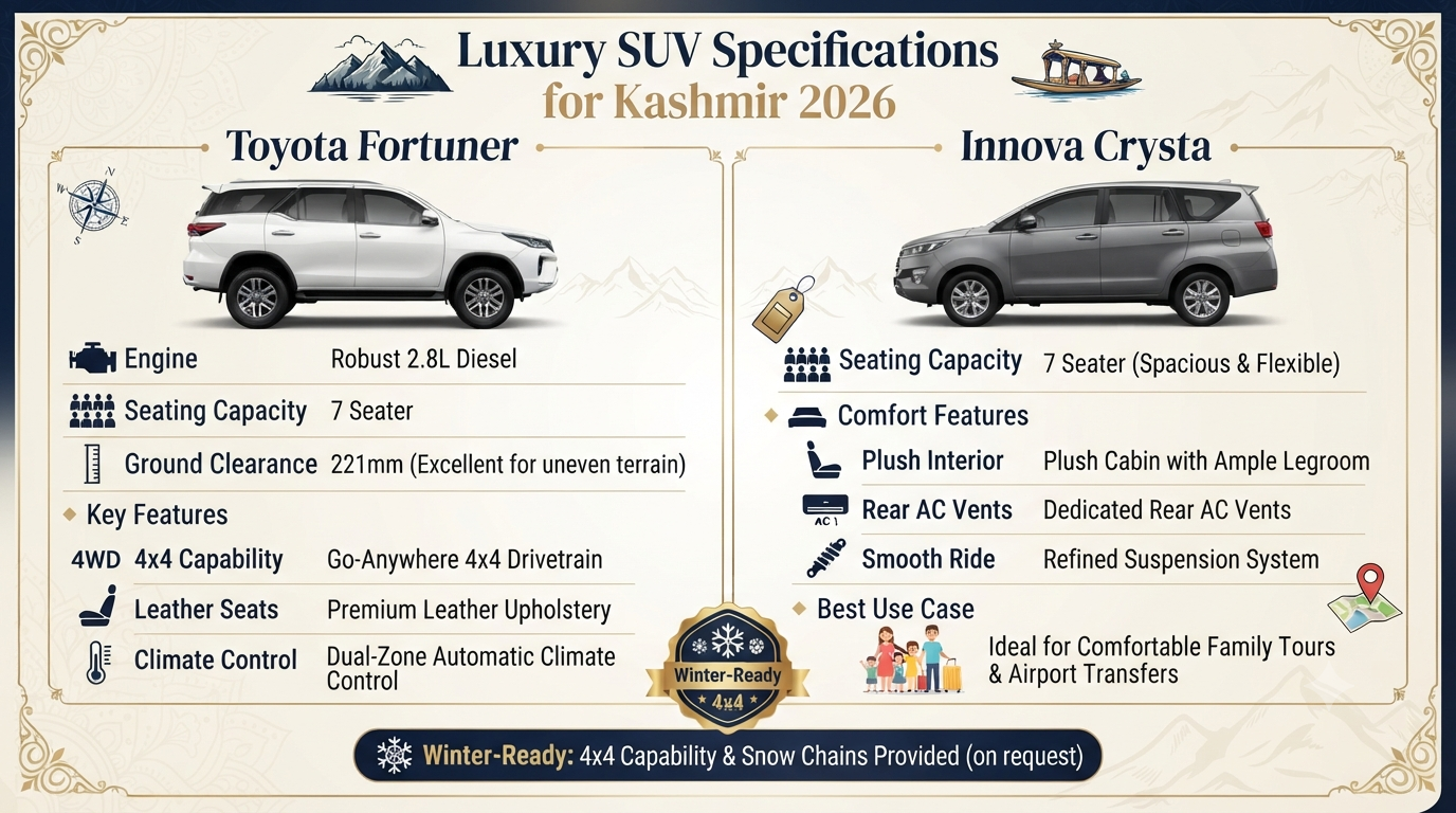 Luxury SUV taxi for Kashmir trip - vehicle specifications infographic Fortuner Innova Crysta