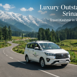 Luxury outstation cab Srinagar - premium Innova Crysta driving through Kashmir's scenic landscape with Nature Connect Travels