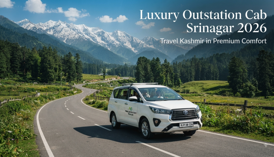 Luxury outstation cab Srinagar - premium Innova Crysta driving through Kashmir's scenic landscape with Nature Connect Travels