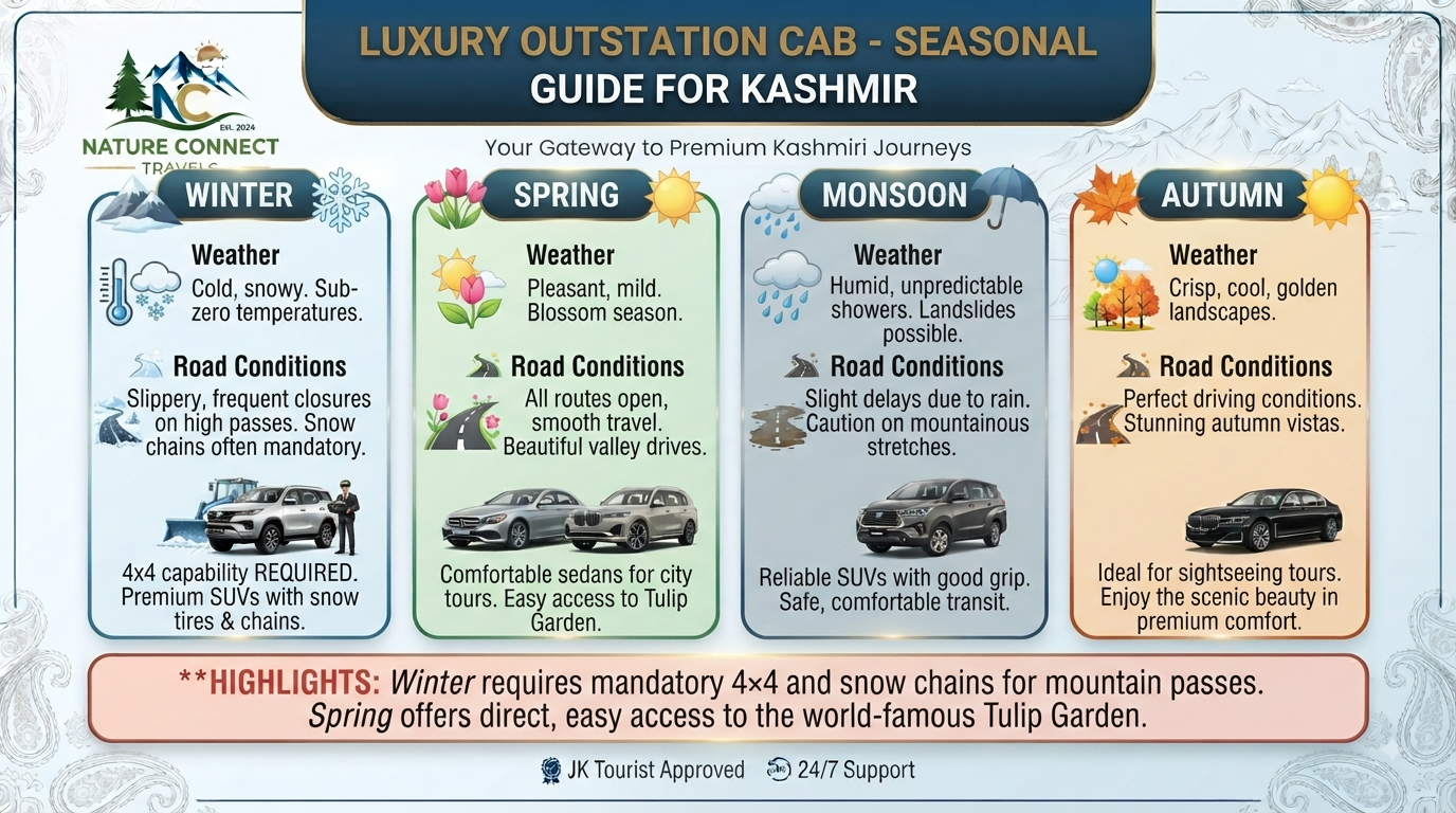 Luxury outstation cab Srinagar - seasonal guide infographic for travel planning