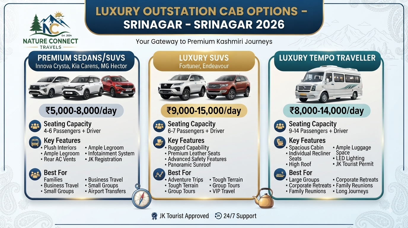Luxury outstation cab Srinagar - vehicle comparison infographic showing Innova Crysta, Fortuner, and Tempo Traveller options