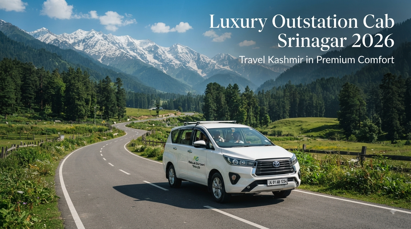 Luxury outstation cab Srinagar - premium Innova Crysta driving through Kashmir's scenic landscape with Nature Connect Travels