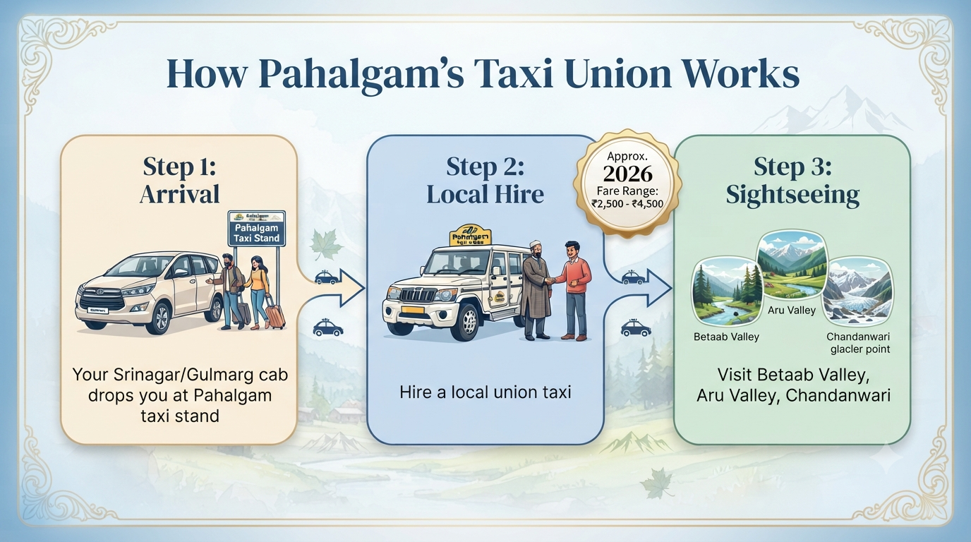 4 Nights 5 Days Srinagar Gulmarg Pahalgam Itinerary Cost 2026 14 Pahalgam taxi union rules — Day 3 of 4 nights 5 days Srinagar Gulmarg Pahalgam itinerary cost