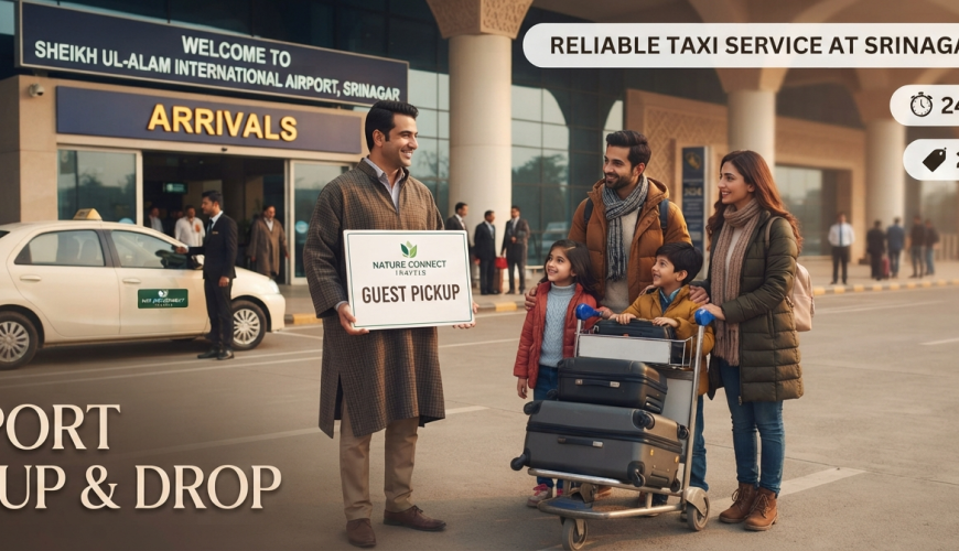 Srinagar airport taxi service pickup and drop - professional driver with name board at arrivals welcoming travelers Nature Connect Travels