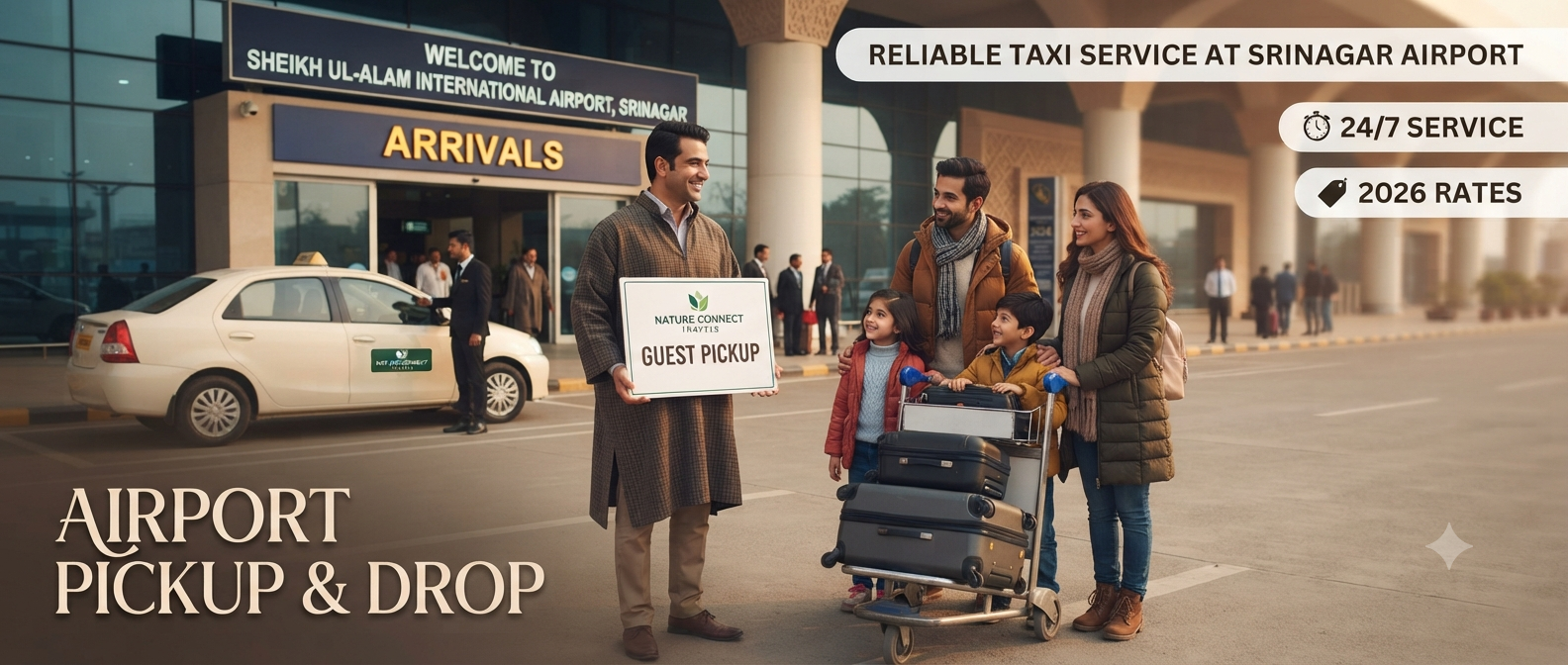 Srinagar airport taxi service pickup and drop - professional driver with name board at arrivals welcoming travelers Nature Connect Travels