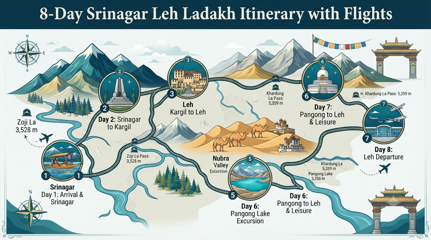 Srinagar Leh Ladakh package with flight - 8-day itinerary route map 