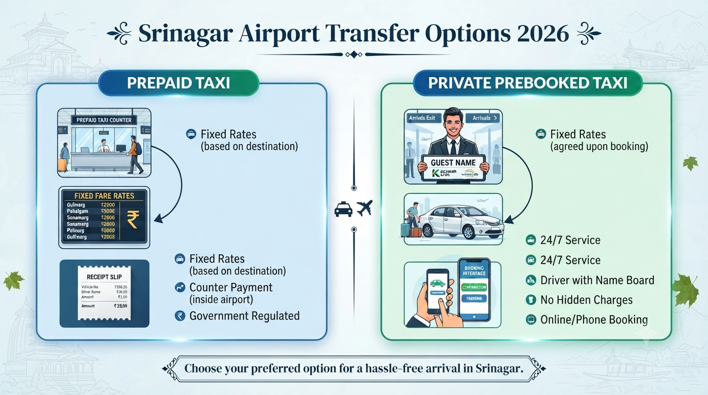 Srinagar airport taxi service pickup and drop - airport transfer options infographic prepaid taxi vs private prebooked taxi