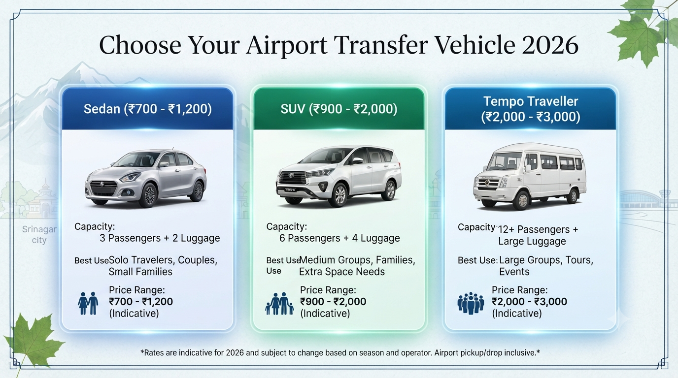 Srinagar airport taxi service pickup and drop - vehicle type comparison infographic sedan SUV Tempo Traveller