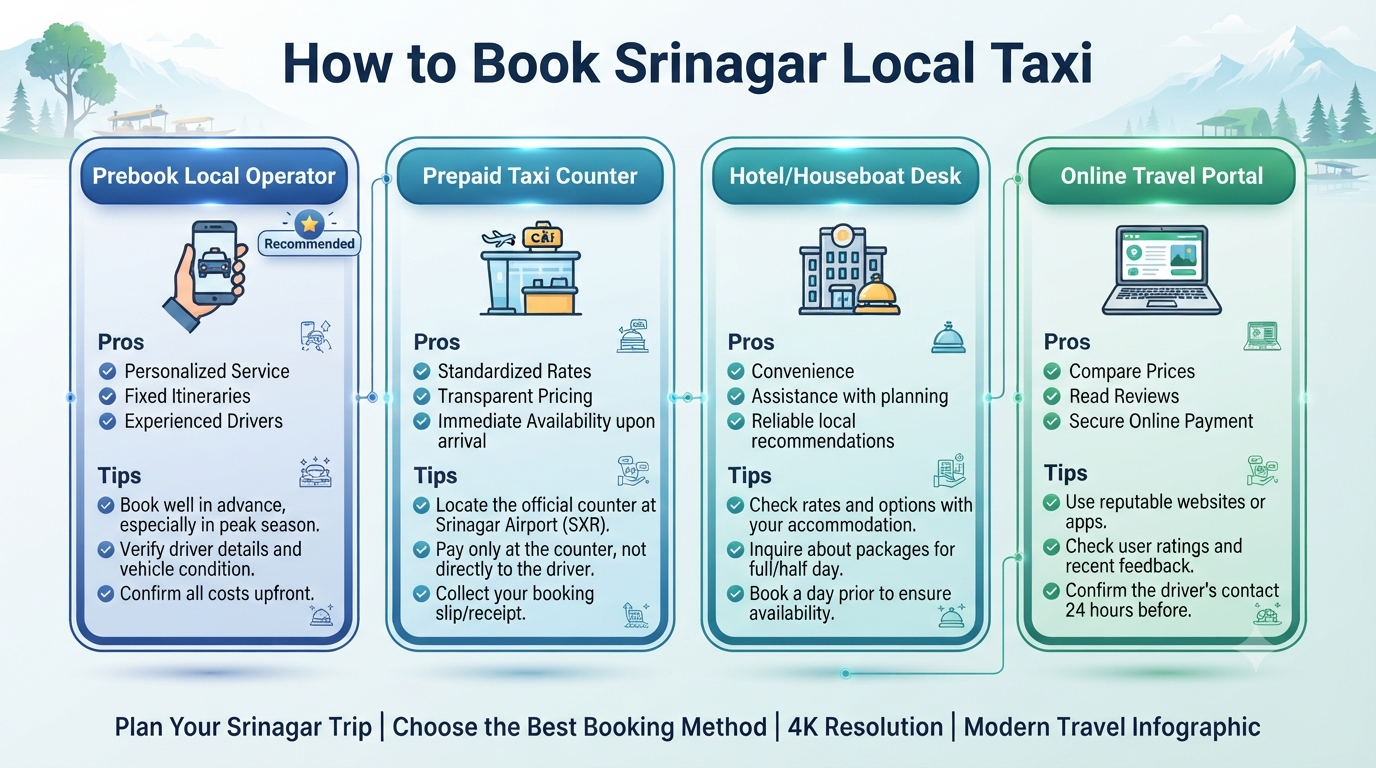 Srinagar Local Sightseeing Taxi Charges 2026 | ₹2,200-₹8,500 12 Srinagar local sightseeing taxi charges - booking methods infographic local operator prepaid counter hotel desk online portal
