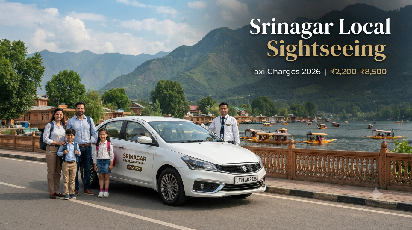 Srinagar local sightseeing taxi charges - clean sedan with driver ready for city tour at scenic location Nature Connect Travels