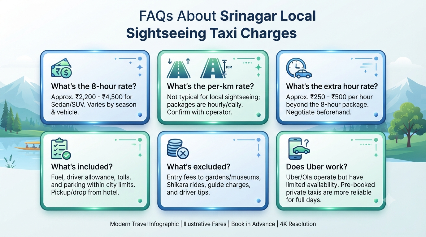 Srinagar Local Sightseeing Taxi Charges 2026 | ₹2,200-₹8,500 14 Srinagar local sightseeing taxi charges - frequently asked questions infographic