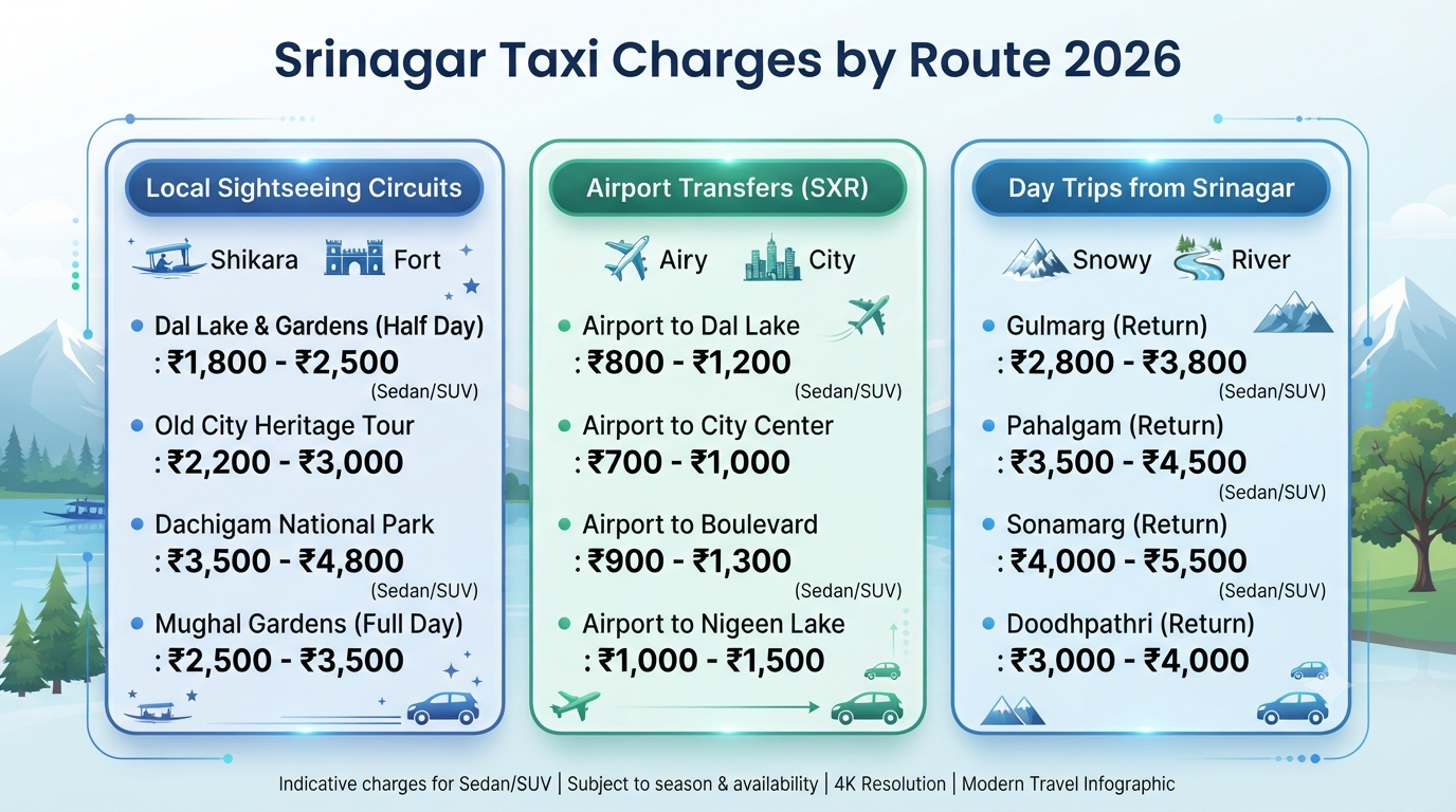 Srinagar Local Sightseeing Taxi Charges 2026 | ₹2,200-₹8,500 11 Srinagar local sightseeing taxi charges - route-wise charges infographic local circuits airport transfers day trips