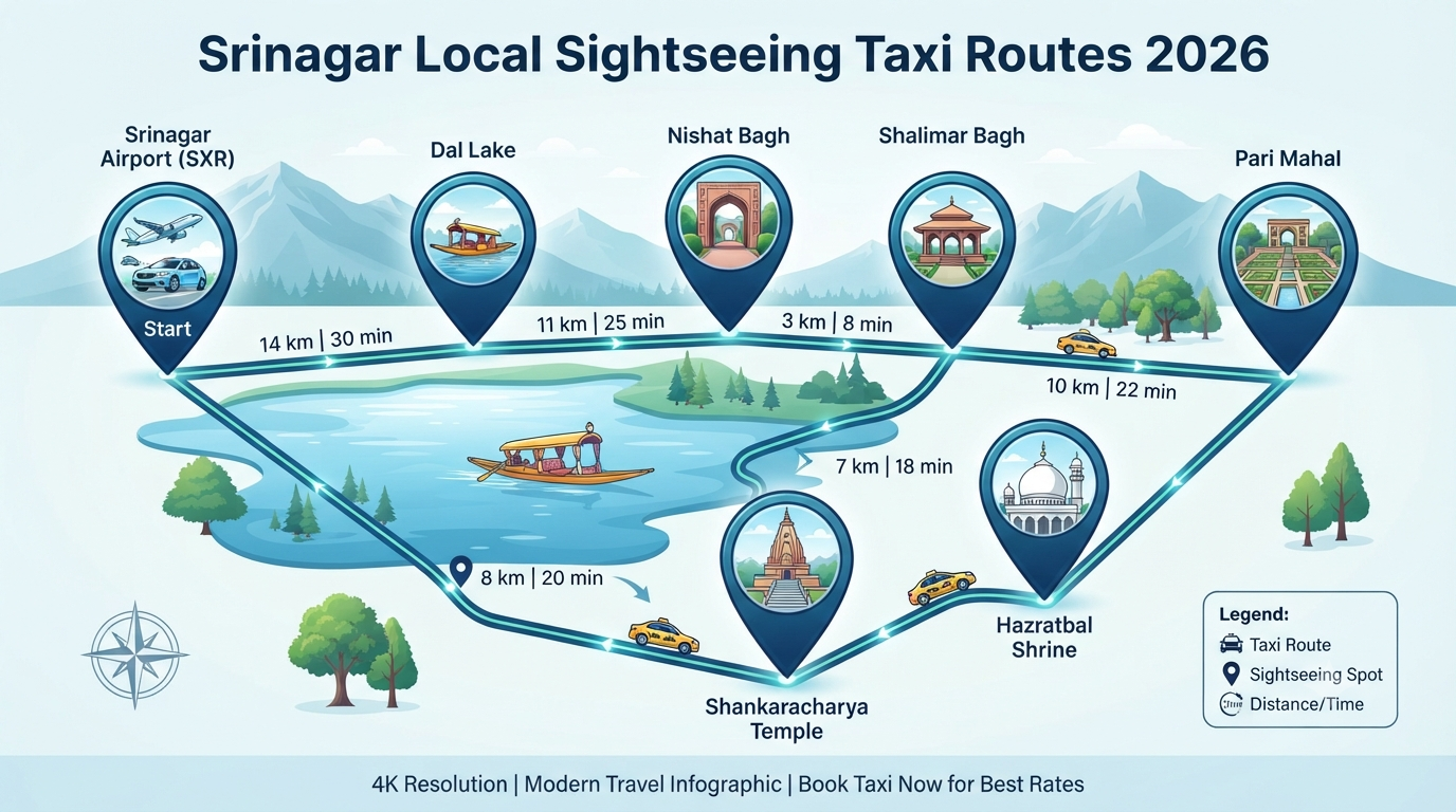 Srinagar Local Sightseeing Taxi Charges 2026 | ₹2,200-₹8,500 9 Srinagar local sightseeing taxi charges - sightseeing route map infographic Dal Lake Mughal Gardens Shankaracharya Temple