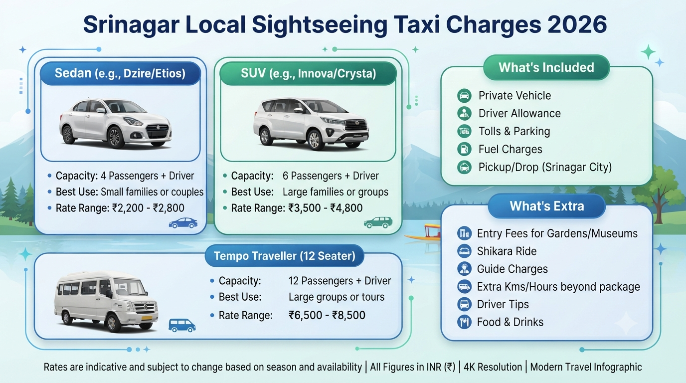 Srinagar Local Sightseeing Taxi Charges 2026 | ₹2,200-₹8,500 10 Srinagar local sightseeing taxi charges - taxi charges comparison infographic sedan SUV Tempo Traveller