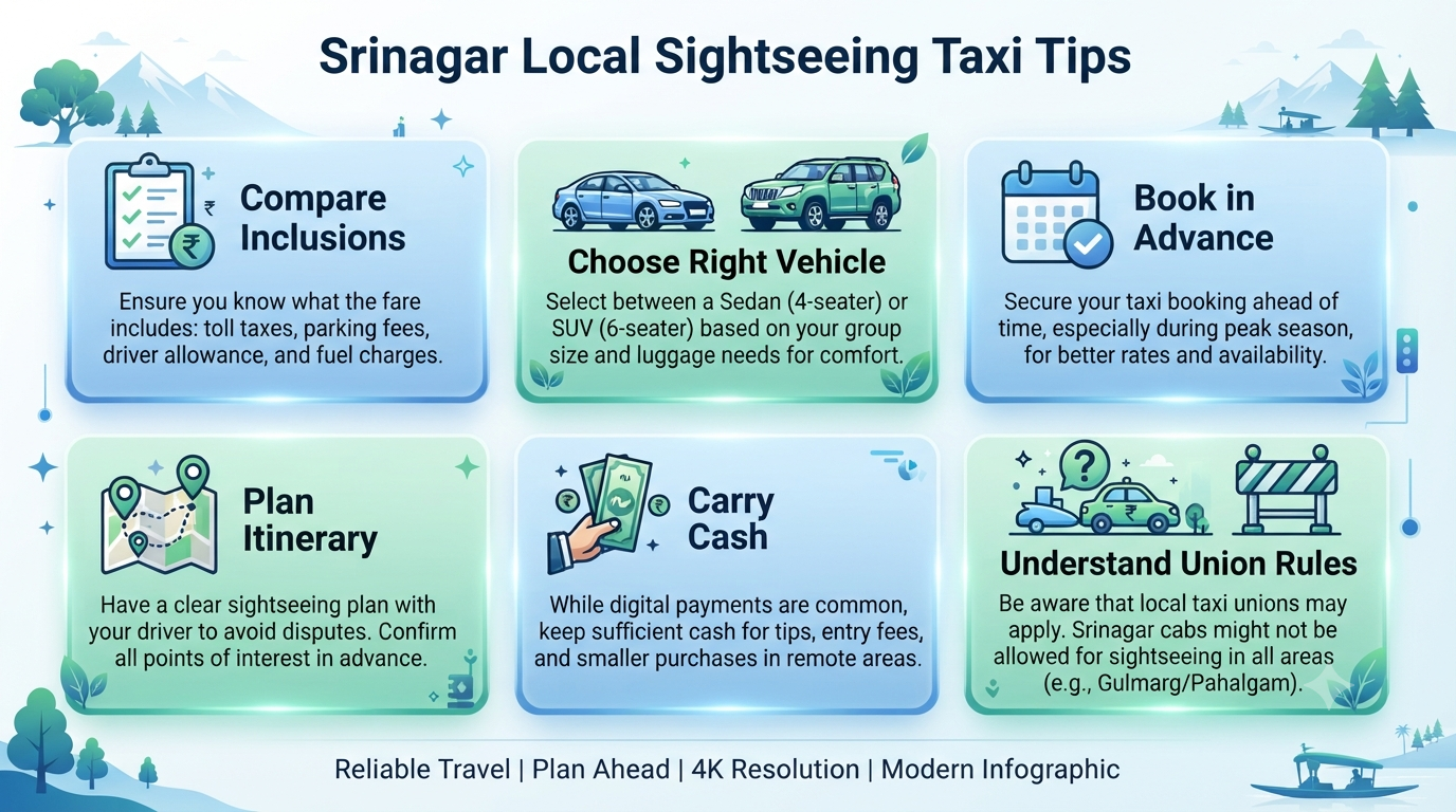 Srinagar Local Sightseeing Taxi Charges 2026 | ₹2,200-₹8,500 13 Srinagar local sightseeing taxi charges - travel tips infographic