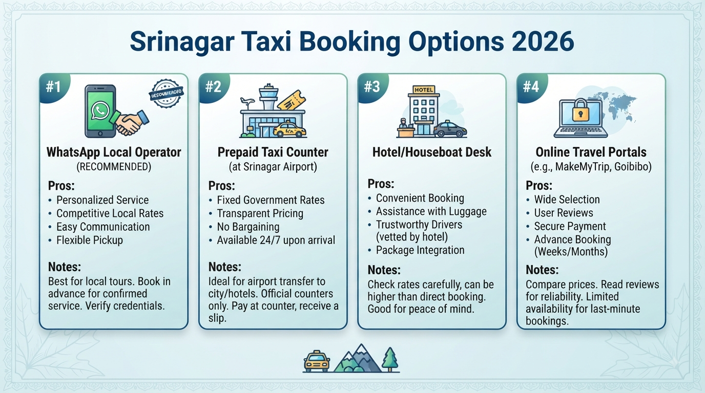 Srinagar Taxi Booking 2026 | ₹2,200/Day | Book Online 9 Srinagar taxi booking - booking options infographic WhatsApp operator prepaid counter hotel desk online portal