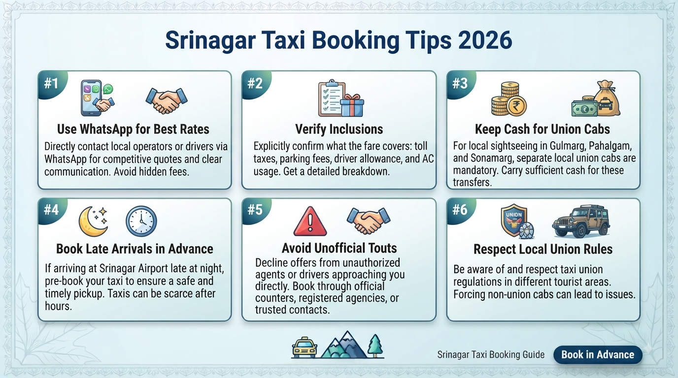Srinagar Taxi Booking 2026 | ₹2,200/Day | Book Online 13 Srinagar taxi booking - essential travel tips infographic