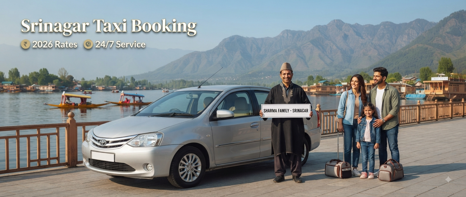 Srinagar taxi booking - professional driver with clean sedan at scenic Dal Lake location Nature Connect Travels