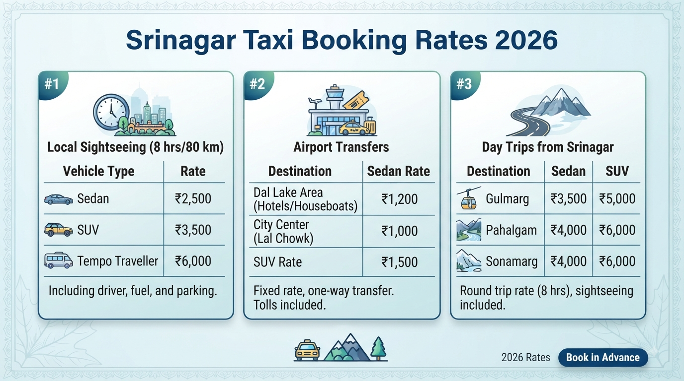 Srinagar Taxi Booking 2026 | ₹2,200/Day | Book Online 10 Srinagar taxi booking - taxi rates infographic local sightseeing airport transfers day trips