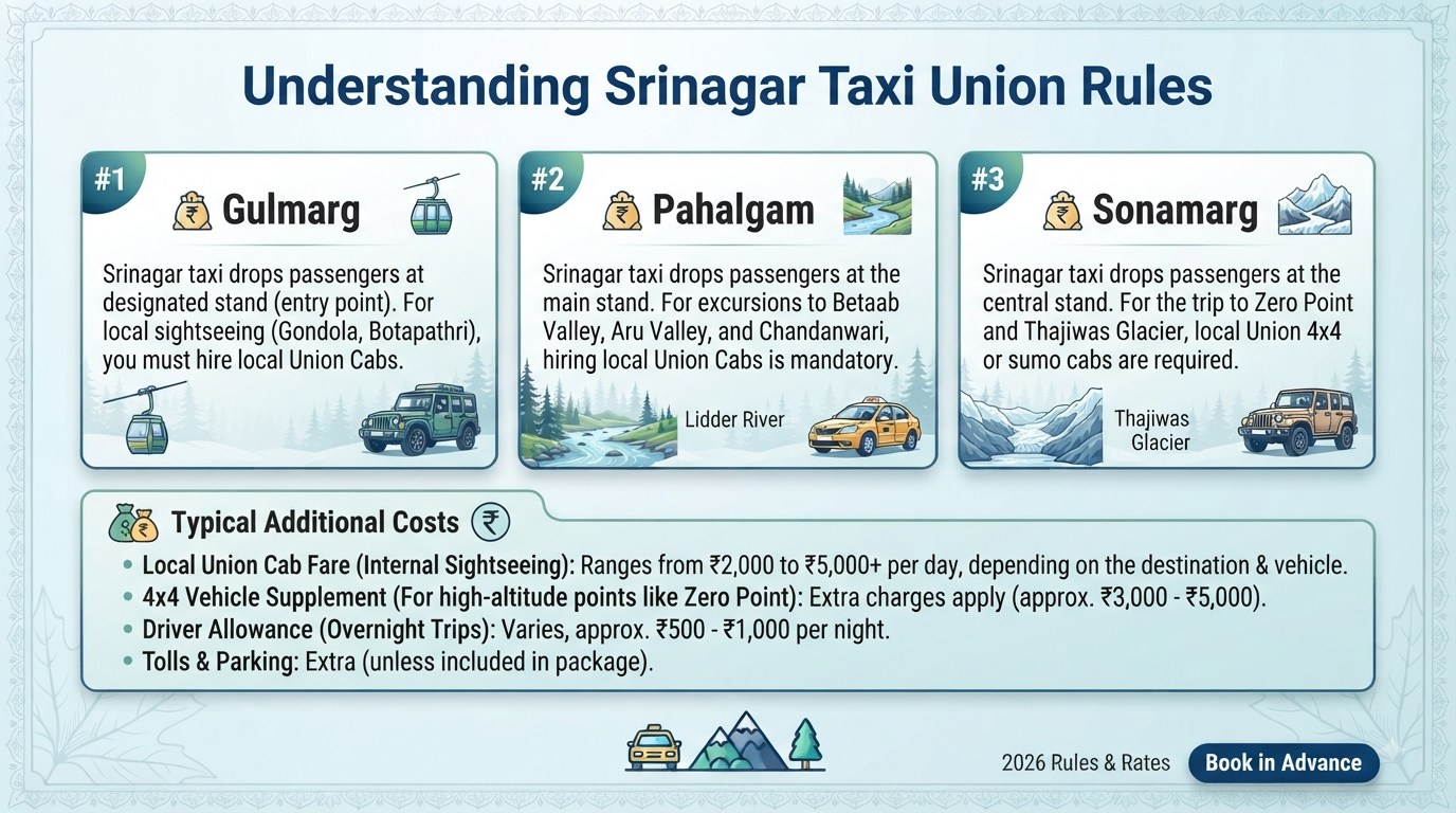 Srinagar Taxi Booking 2026 | ₹2,200/Day | Book Online 11 Srinagar taxi booking - union taxi rules infographic Gulmarg Pahalgam Sonamarg